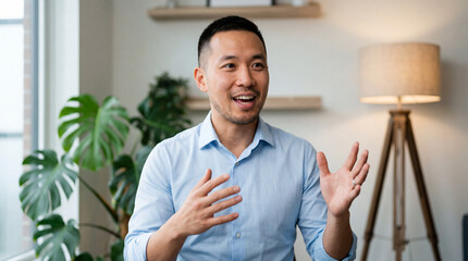 Fototapeta premium Man talks and gestures during discussion in a bright room with plants and light from windows in a modern setting