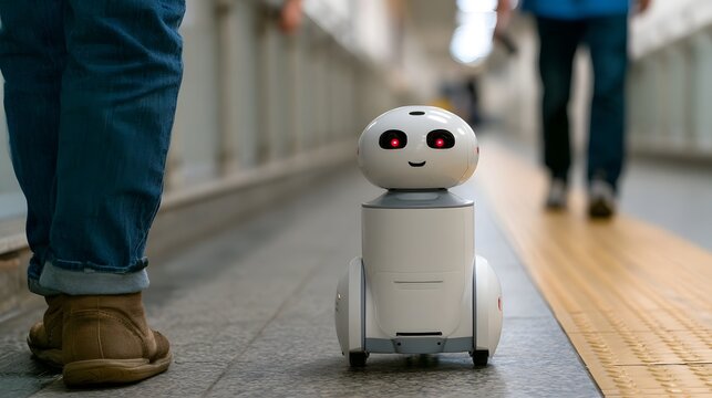 A small white robotic device with glowing red eyes stands on a tiled floor near human legs and a tactile paving strip