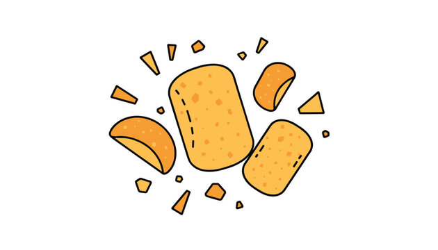 Group of rectangular baked crackers surrounded by floating crumbs and broken pieces on a clean white background, depicting a crisp food item.