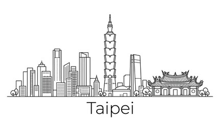 Obraz premium Taipei skyline illustration with iconic buildings and traditional architecture