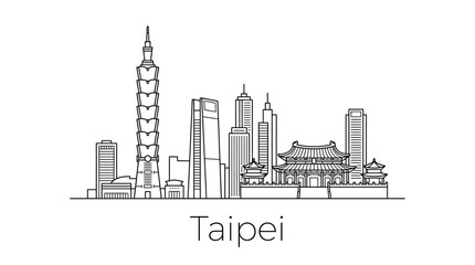 Obraz premium Taipei skyline illustration, abstract line art sketch of iconic landmarks and modern buildings.