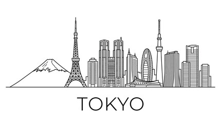 Fototapeta premium Tokyo Skyline Illustration: Mount Fuji, Tokyo Tower, Skyscrapers, Landmark Cityscape