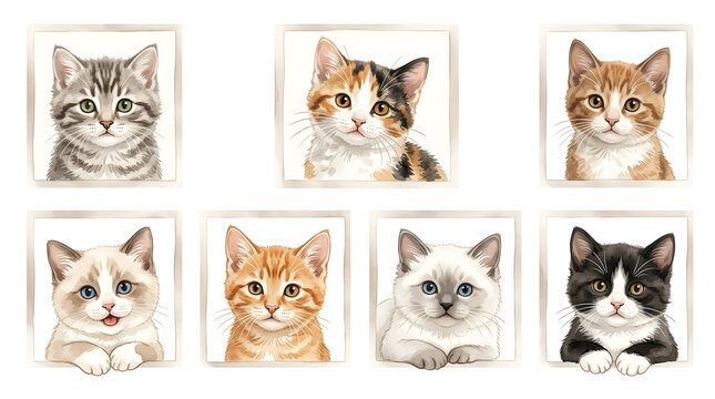 Adorable kitten portraits set of 7 illustrations, cute cat breed headshots in frames, watercolor style pet animal collection for nursery decor