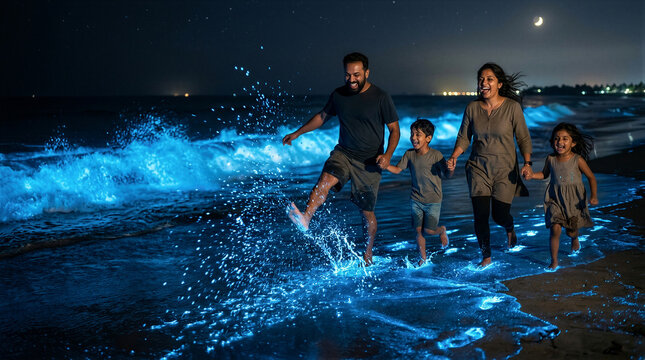 Family with father, mother, son and daughter running on beach shore at night with bioluminescent glowing waves. Nighttime outdoor activity and leisure travel concept near ocean water