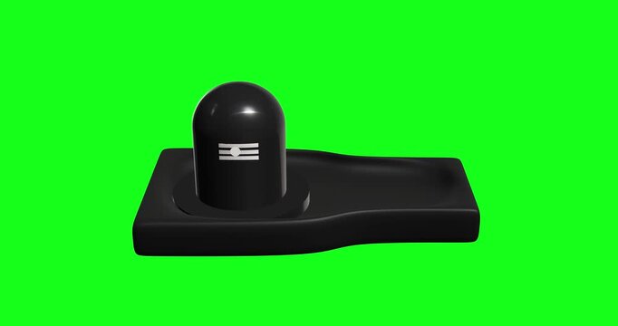 A 3D animated black Shiva Lingam rotating on a green screen background, featuring the traditional white Tripundra mark, perfect for religious and spiritual devotional content.