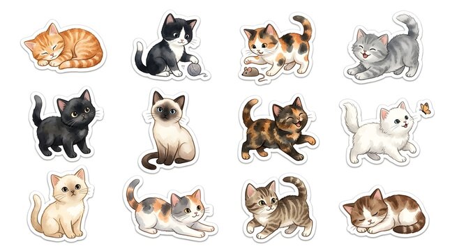 Adorable kitten sticker set with 12 cute cat illustrations, playful feline characters in various breeds and poses, watercolor style pet graphics