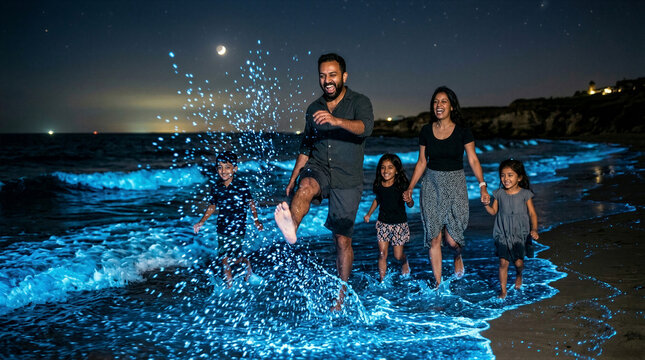 Indian family walking along the beach at night with bioluminescent waves. Father, mother, son and two daughters splashing glowing seawater. Tourism, travel and nature exploration concept