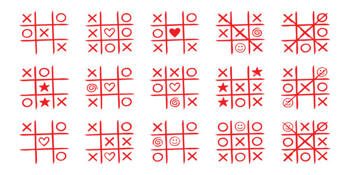 Set of fifteen hand drawn tic tac toe games with various winning patterns and symbols in red ink on paper