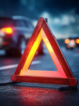 up cinematic shot of reflective warning triangle on roadside, wet asphalt reflecting blurred lights, car with glowing tail lights in background, storm clouds above, natural bokeh, copy space. 