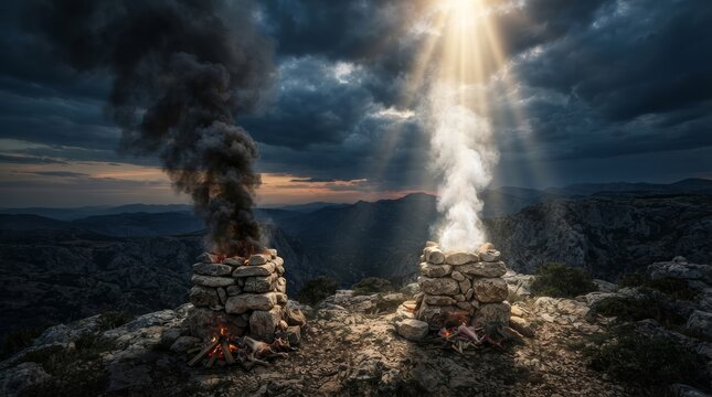 Biblical covenant narrative depicting Abel's favor and Cain's disapproval through sacred rituals.