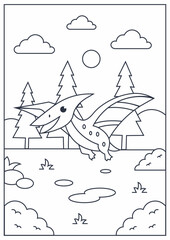 Cute Flying Pterodactyl Coloring Page Outline Illustration for Children © hilmius