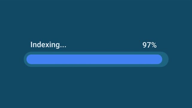 Animated motion graphics showing a blue progress bar indexing up to 97 percent over a transparent alpha channel background. Represents database cataloging, search preparation, or file system organizat