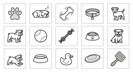 Dog Icons Set: Paw Print, Sleeping Dog, Bone, Collar, Puppy, Bulldog, Ball, Toy, Bowl © Cimol