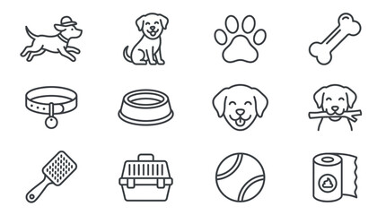 Fototapeta premium Dog Icon Set: Cute Puppy, Paw Print, Bone, Collar, Bowl, Brush, Carrier, Ball, Toilet Paper