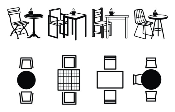 Cafe furniture vector icon set featuring diverse tables and chairs from side and top views, ideal for restaurant menu design