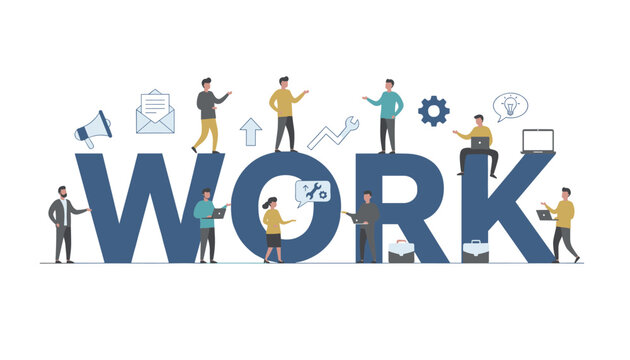 Characters engaging with the large blue word work while using tools and business icons on a white background.
