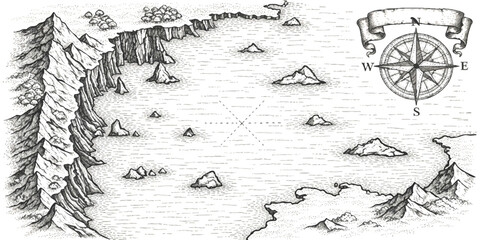 Vintage treasure map illustration with a detailed compass rose and rocky coastal islands in black and white © ZenVectors