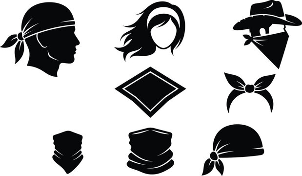Bandana and neck gaiter icon set vector featuring cowboy bandana headscarf biker durag face mask and scarf