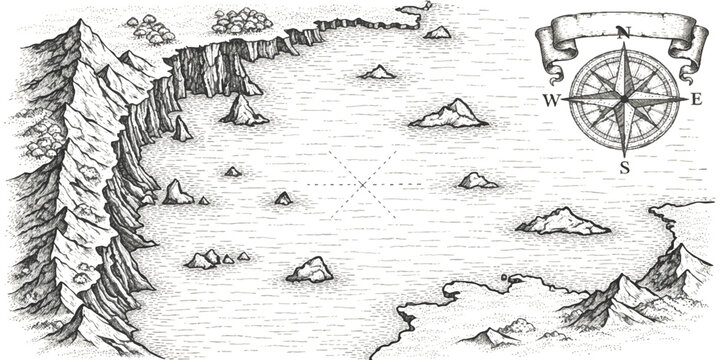 Vintage treasure map illustration with a detailed compass rose and rocky coastal islands in black and white