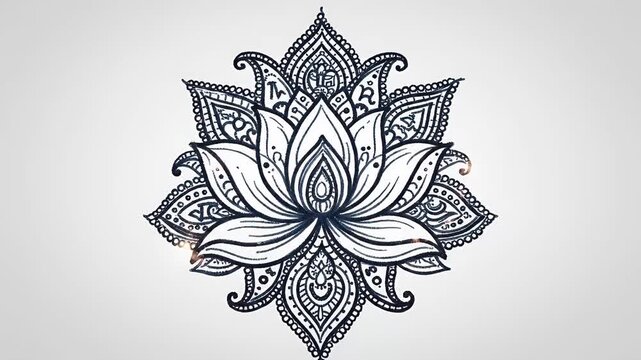 Animated ornate lotus mandala drawing with intricate patterns, spiritual symbol, meditation, yoga, bohemian style
