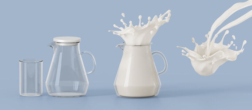 Milk pitcher with splash, empty jug and glass, white liquid swirl of pouring dairy drink. Realistic 3d render set of transparent full containers with fresh cream, milkshake or yogurt. 3D illustration