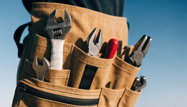 Tool belt filled with various tools against a clear blue sky, highlighting equipment used for construction and repair work.