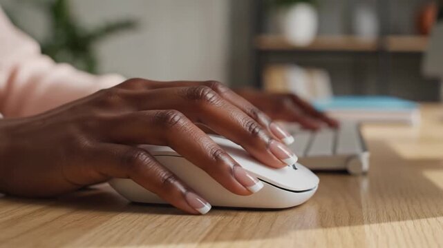 Person using white computer mouse on wooden desk surface.