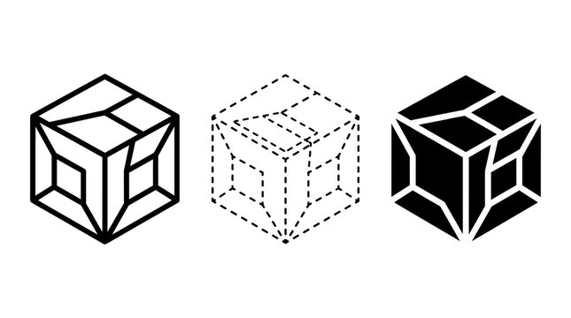 Isometric cube icon set. Geometric wireframe and solid cube symbols. Abstract 3D design element. Clean vector illustration