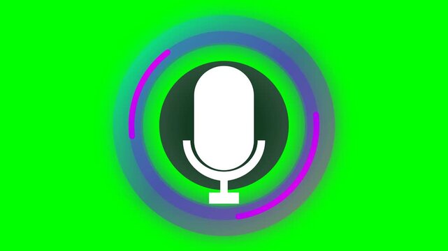 Modern Microphone Icon with Glowing Rings and Colorful Circular Wave Patterns on Green Screen for Voice Assistant, Podcast, and Audio Recording