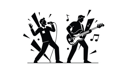 Naklejka premium Dynamic silhouettes of a rock vocalist singing into a microphone and a bass player performing in an energetic live concert.