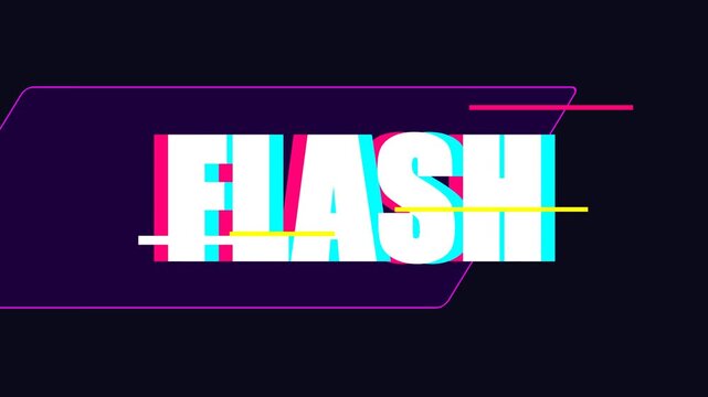Retro Glitch Text Effect with Flash Word in Neon Frame, 80s Synthwave Style Digital Art Background with Chromatic Aberration