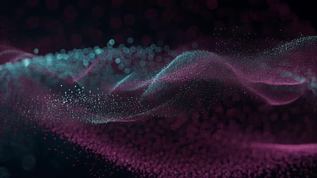 Digital particles forming flowing wave patterns on dark background Representing technology connections system processes.