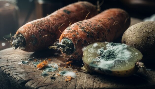 Moldy carrots and potatoes with visible decay spots.