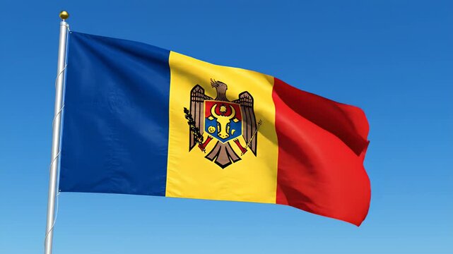 Moldovan flag waving in blue sky, national symbol of Moldova, patriotism, fabric texture, outdoor footage.