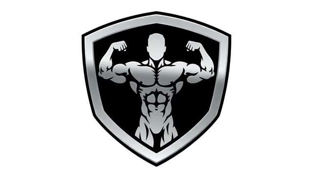 Muscular bodybuilder flexing biceps inside shield emblem, athletic fitness symbol, strong man logo