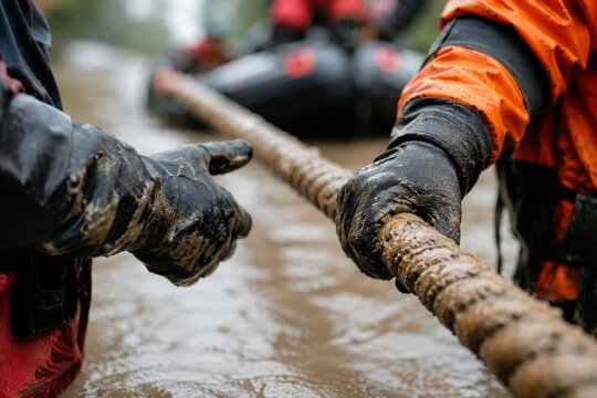 Rescue worker helping during flood disaster. Emergency team pulling rope in muddy water. Crisis management, natural catastrophe response, professional volunteer work in dangerous situation.