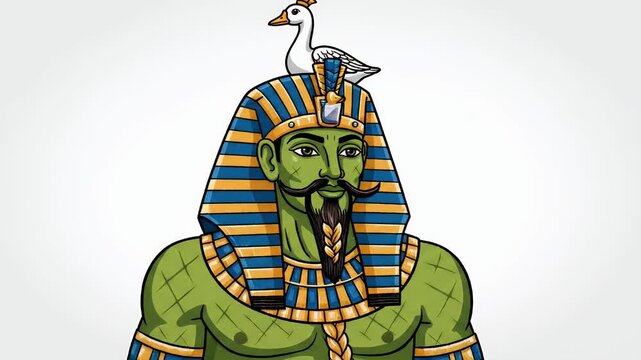 Green Egyptian god Geb with goose headdress, ancient Egypt deity, isolated green figure, mythology, cartoon style