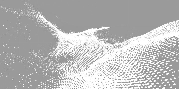 abstract monochrome 3d topographical terrain grid pattern, digital wavy dot matrix network landscape background