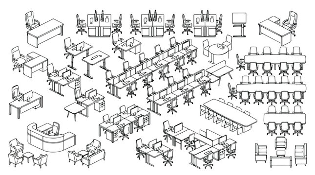 Isometric office furniture collection, black and white line art workspace elements, corporate desk and chair set for floor plan design
