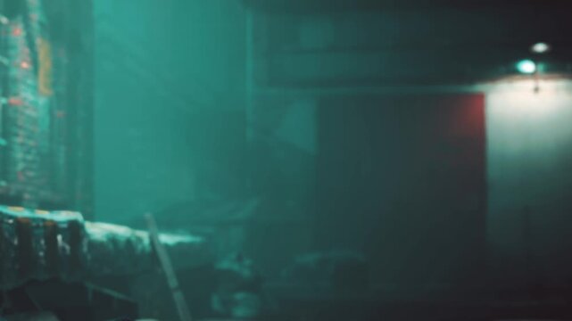 Fog covers a city street at night. A streetlight shines down, creating an eerie atmosphere. Buildings are faintly visible in the background. Trash and debris are scattered around the ground.