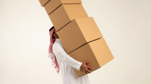 A Saudi man wearing a traditional thobe and shemagh carries a towering stack of cardboard boxes, representing parcel delivery, logistics, e-commerce, moving services, and warehouse operations.