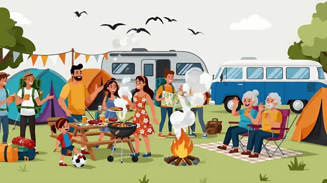 Family camping trip barbeque with tents, campers, and retro van, outdoor leisure and fun