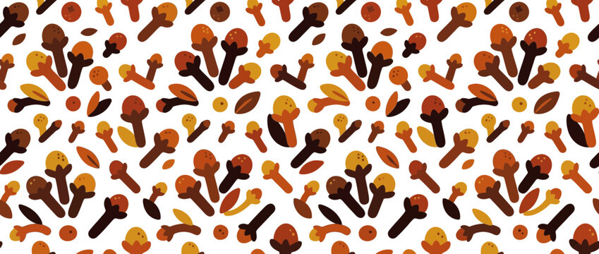 Seamless Pattern of Cloves and Leaves, Spice Background, Food Ingredient