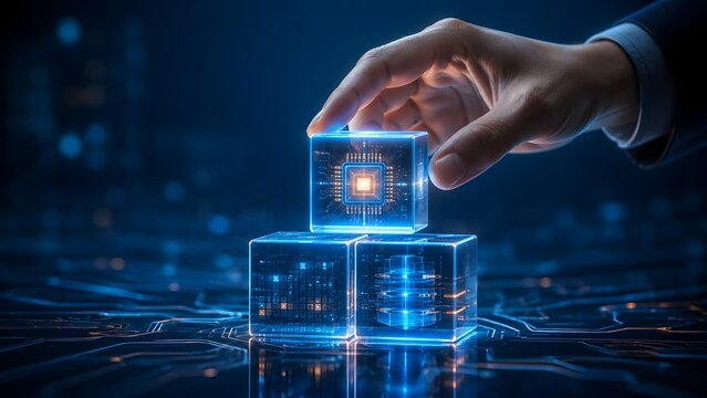 Hand Assembling Futuristic Central Processing Unit Core Glowing Microchip Block Digital Technology Concept