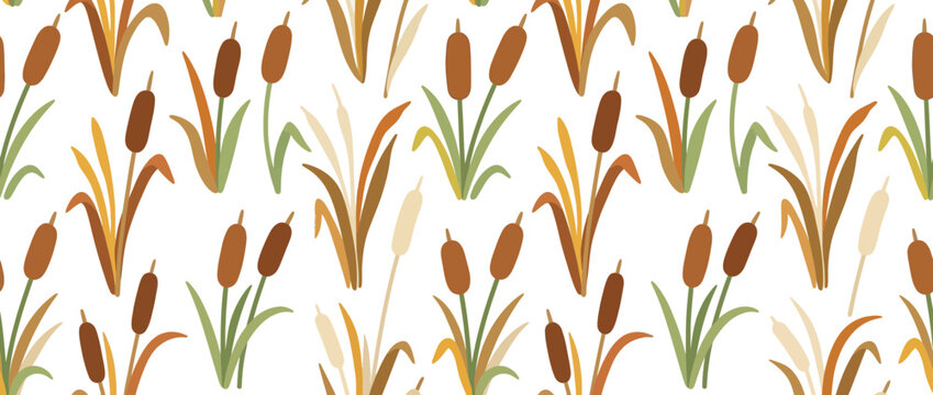 Seamless pattern of cattail reeds in autumn colors, nature background