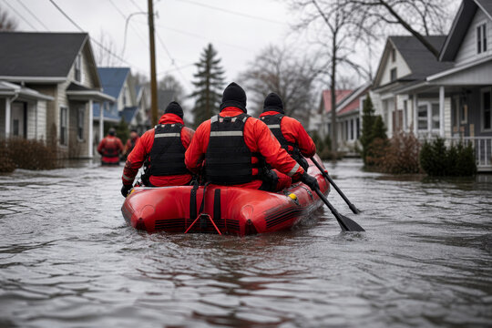 Rescuers in boat paddling through flooded street as natural disaster recovery. Emergency team in uniform helping citizens during high water event. Urban flood damage management.