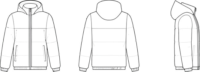 Technical fashion illustration of a padded hooded jacket front back and side views © Mst