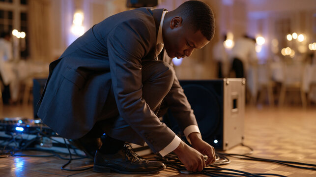 Nigerian wedding DJ crouches to adjust subwoofer cables beneath a professional setup during venue sound check, neon uplighting bouncing off a parquet dance floor while caterers