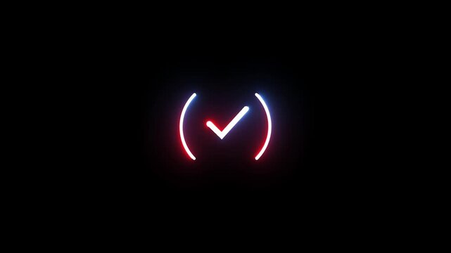 Neon check mark animation with blue and red glowing lines on black background motion clip.