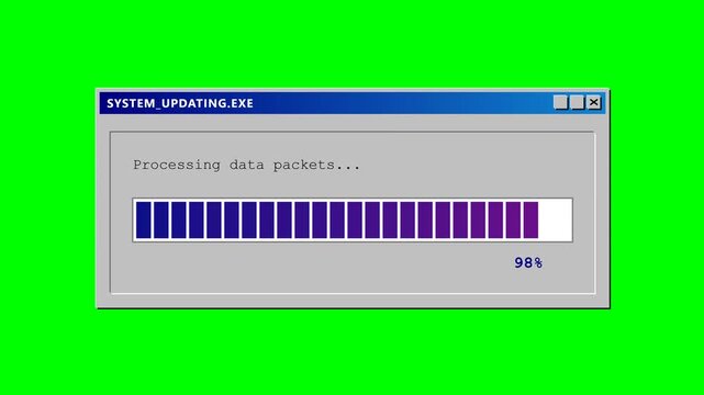 Retro 90s Computer System Update Dialog Window with Progress Bar and Processing Data Text on Chroma Key Green Screen